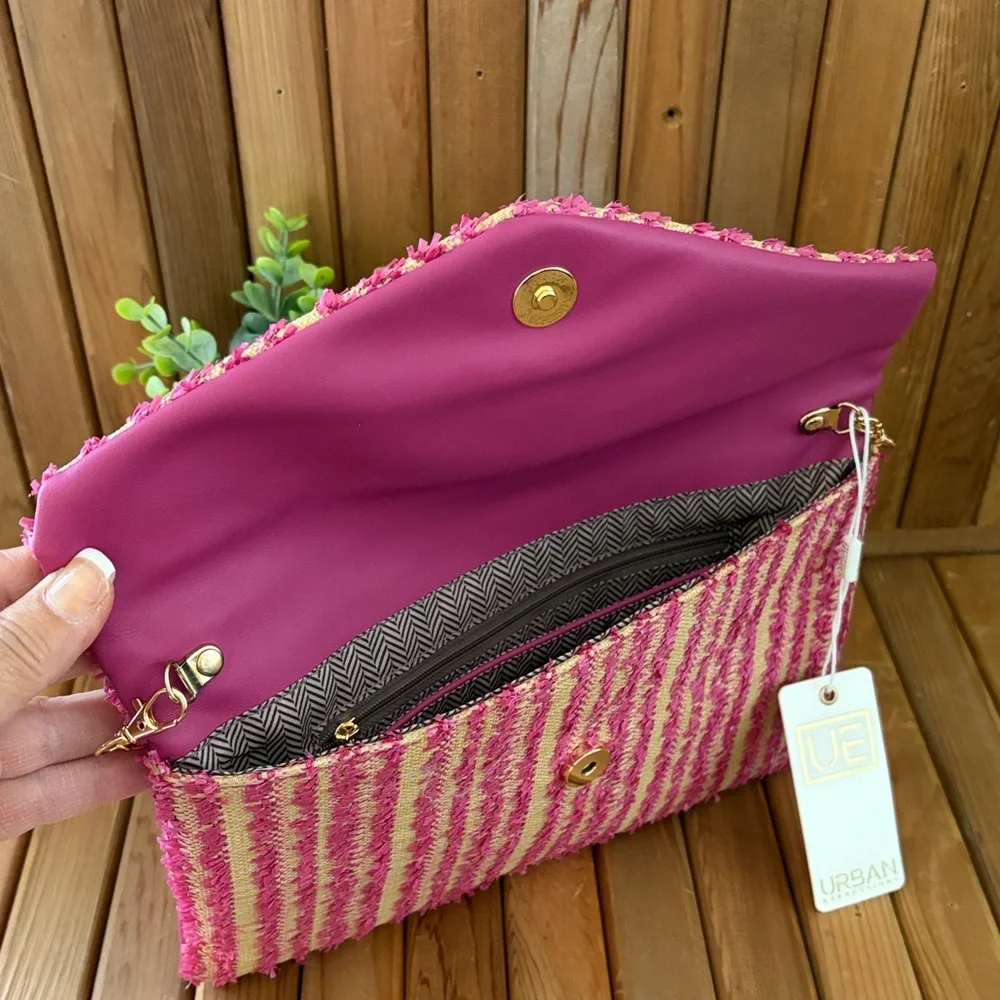 Urban Expressions Pink & Cream Striped Crossbody Clutch w/Gold Toned Chain Strap